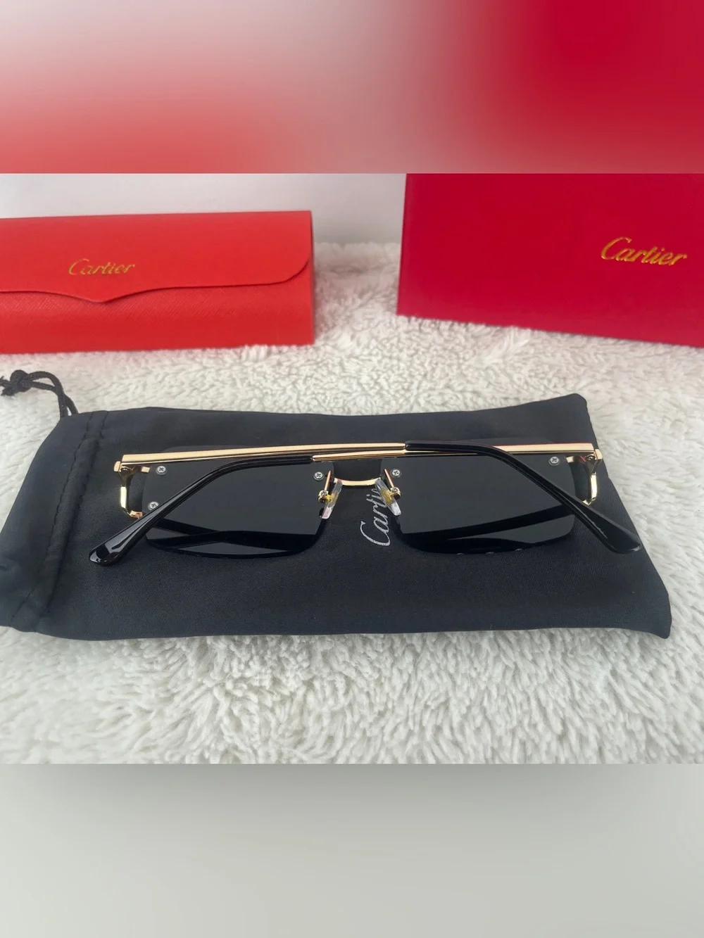 Cartier Big C Diamond Cut Sunglasses Black Lenses Gold Frame